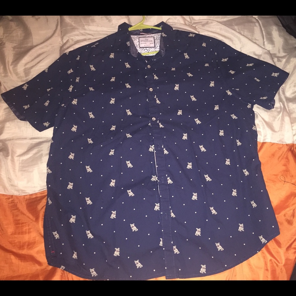 Denim & Flower brand button up shirt w/ pug design